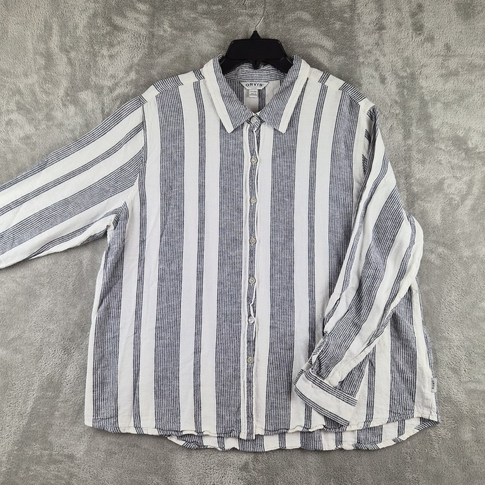 Orvis Shirt Womens XXL White Blue Striped Linen Blend Button Up Relaxed Nautical